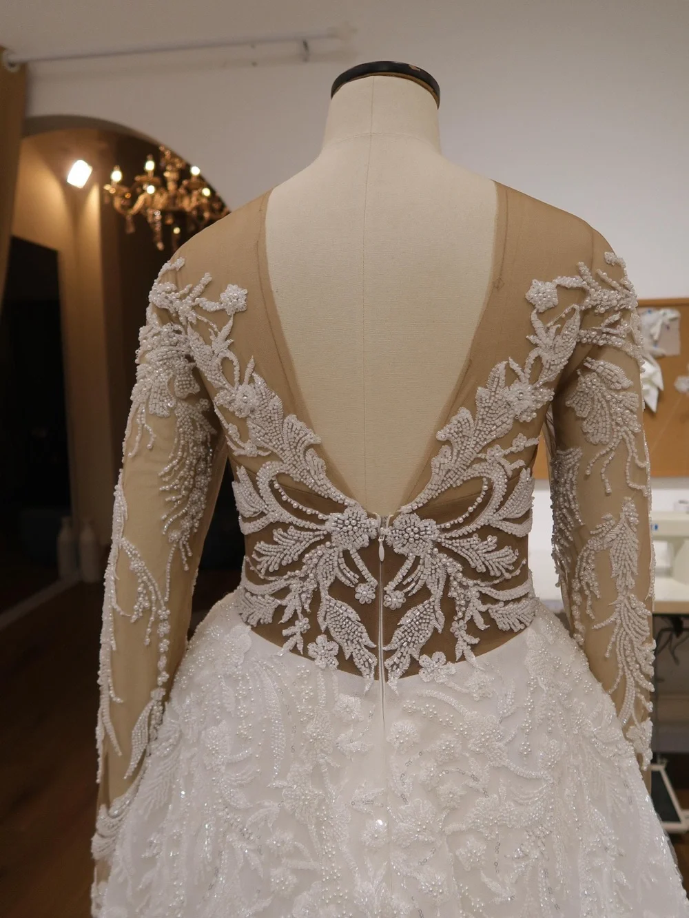 ELF Ivory and Nude Lace Long-Sleeve Bridal Gown